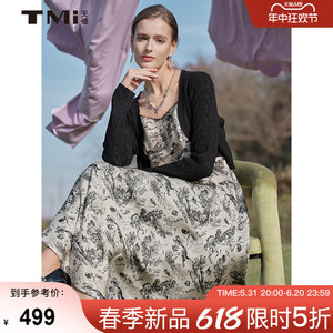 TMi专柜同款天谜女装24春季新品印花针织复古两件套连衣裙241060