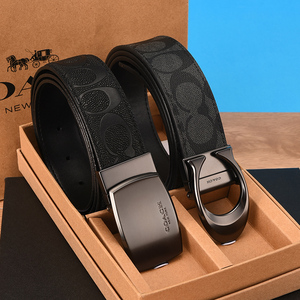 正品代购coach蔻驰皮带男双面休闲印花男士腰带真皮c针扣头礼盒装