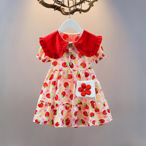 女童雪纺连衣裙24夏装新款薄款宝宝裙小童娃娃领短袖凉快草莓裙子