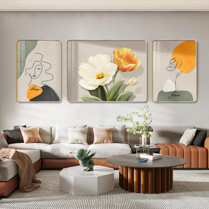 北欧奶油风客厅装饰画治愈系植物花朵沙发背景墙壁画简约三联挂画