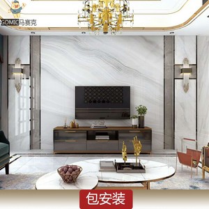 新中式仿大理石电视背景墙瓷砖客厅石材微晶石影视护墙板金属边框
