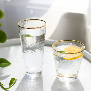 日式文艺锤目纹金边玻璃杯 描金耐热水杯大 宿舍学生日用透明杯子