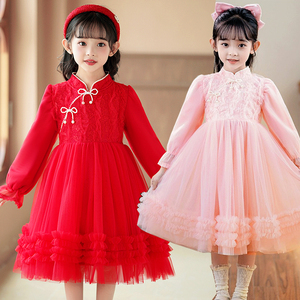 女童加绒连衣裙春秋季儿童小女孩红色裙子春装春款公主蓬蓬裙礼服