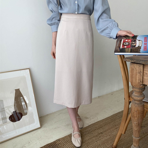 米白色半身裙中长款女22春夏新款直筒裙一步裙气质开叉拉链裙极简