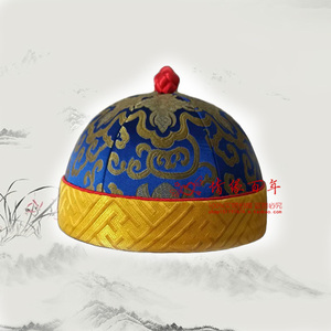 儿童汉服帽子王爷瓜皮帽男古风戏曲帽子清朝地主帽宝宝周岁公子帽