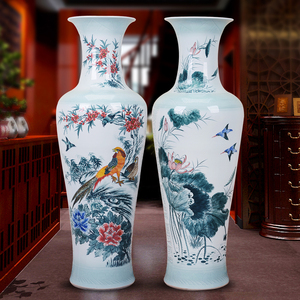 景德镇陶瓷器大花瓶 客厅落地雕刻手绘瓷瓶新房装饰摆件1.2.1.6米