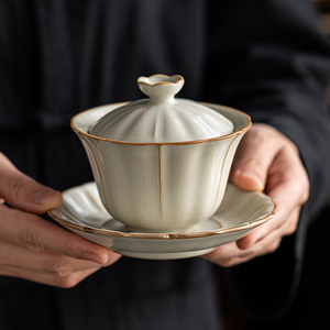 米黄汝窑三才盖碗茶壶家用客厅开片高档复古中式陶瓷茶壶家用泡茶