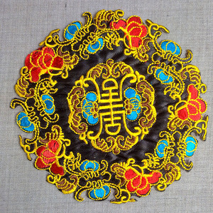 直径12厘米圆形古典花纹刺绣布贴有胶唐装民族补贴补丁贴diy辅料