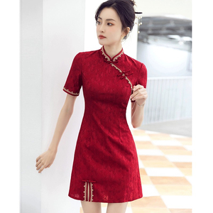 高考送考改良旗袍2024夏季年轻款修身少女中国风红色连衣裙小个子