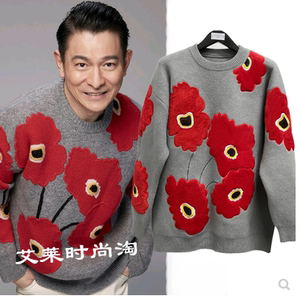 刘德华抖音同款红花刺绣灰色2021新年毛衣圆领套头外穿宽松男衣服