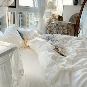 公主风荷叶边四件套韩式水洗棉被套被单单件仙女白色被罩床单冬季