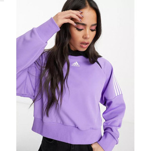 英国代购  2024款 Adidas 女装三条纹紫色短款连帽卫衣