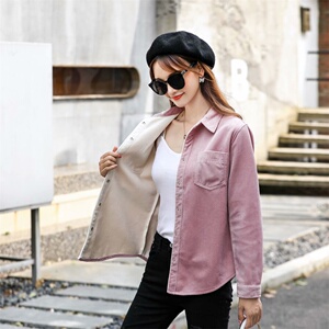 秋冬加绒加厚衬衫女韩版百搭休闲长袖大码纯色灯芯绒衬衫新款外搭