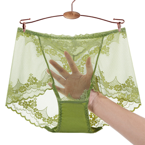 绿色女士内裤高腰大码胖mm镂空性感蕾丝无痕透明收腹情趣棉档短裤