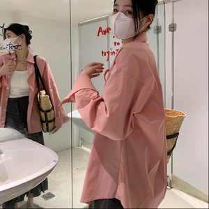 韩国粉色休闲长袖衬衫上衣女设计感春秋季新款慵懒风衬衣防晒外套