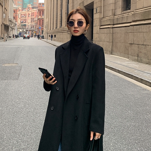 韩国黑色毛呢大衣女秋冬季新款双排扣复古气质过膝中长款呢子外套