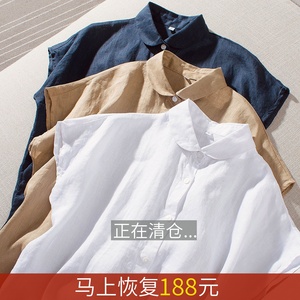 日本高端品牌外贸出口剪标女装宽松纯色麻料上衣复古棉麻短袖衬衫