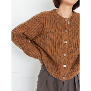 3516/双色棒针马海毛毛衣外套开衫女秋冬圆领针织毛衣开衫女