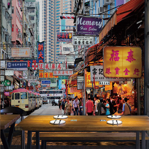 3d港式餐厅咖啡厅墙纸香港怀旧街景建筑壁纸港风奶茶店甜品店壁画