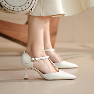 白色包头凉鞋2022年新款春夏季真皮细跟高跟鞋女丁字扣玛丽珍单鞋