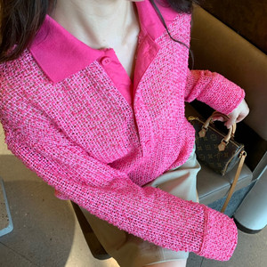 粉嘟嘟新型麻纱圈圈毛宽松大长袖polo衫显白桃粉色针织上衣