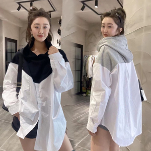 欧洲站连帽卫衣拼接衬衫外套女2022秋季新款小众设计感套头上衣潮