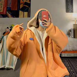 奶橙色卫衣男秋冬加绒加厚连帽法式情侣外套oversize小众开衫上衣