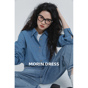 morin墨锦牛仔衬衣女2022年早春新蓝色宽松百搭外穿长袖气质上衣