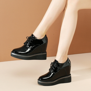 北西图真皮厚底坡跟单鞋女百搭内增高鞋系带松糕鞋亮皮休闲女鞋子