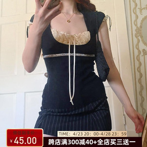 #FabGirls# 日系甜美假两件蕾丝拼接短袖T恤 少女感显瘦短款上衣