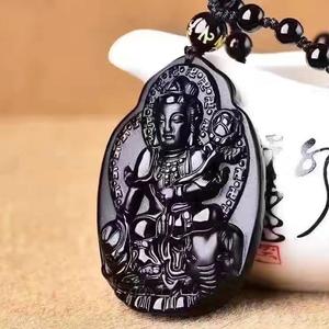 天然黑曜石普贤菩萨吊坠 男女款属龙属蛇本命佛守护神项链