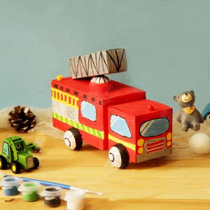 硬纸手工制作diy儿童创意玩具模型交通工具纸盒美术绘画涂色车子
