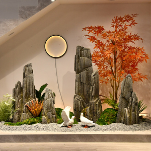 山石造景楼梯下造景室内景观枯山水落地摆件酒店大堂仿真绿植假山