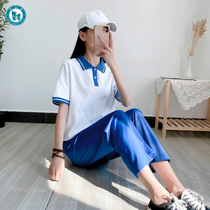 高中学生蓝白校服套装沙埔短袖翻领上衣裤子初中生运动会男女班服