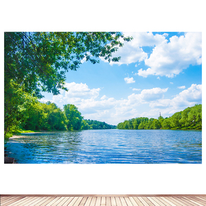 简约现代湖泊湖水客厅装饰画蓝天白云自然风景画森林自粘墙贴壁画