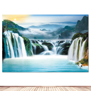 高山瀑布海报自然风景招财生财流水书房办公室山水画装饰墙贴挂画