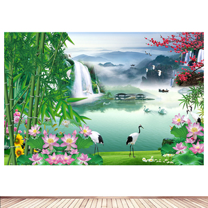家和富贵山水画荷花竹子风水招财客厅装饰画墙贴画壁挂画自粘定制