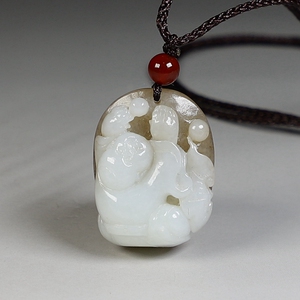 和田玉籽料招财童子挂件天然糖白玉俏色雕刻顽童铜钱吊坠楼叔孤品