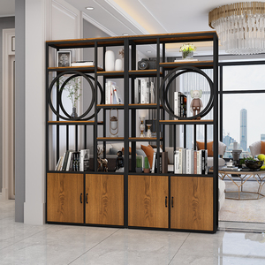 办公室屏风隔断置物架铁艺落地书架简约门厅双面玄关柜金色展示柜