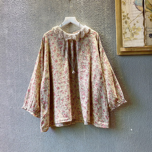 镂空娃娃领棉麻碎花衬衫女2022春款森系宽松大码后背扣减龄娃娃衫