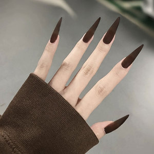 艺术加长尖头磨砂假指甲片哑光咖啡色简约欧美cos舞蹈穿戴美甲贴