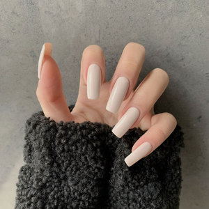 米白色长款方形nail穿戴美甲贴成品欧美简约风光亮面纯色假指甲片