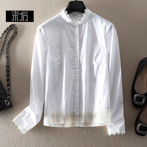 特原创设计文艺气质蕾丝花边立领纯棉白色衬衫女春季长袖衬衣女