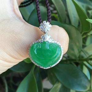 翡翠吉祥如意吊坠冰种满绿色如意头挂件18k金镶嵌 天然玉石坠子女