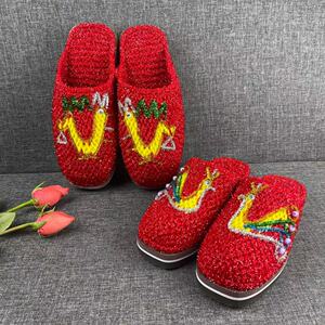纯手工毛线拖鞋吉祥龙凤/老公老婆/喜字图案花样拖鞋居家婚嫁鞋