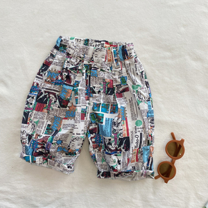 男童韩范洋气满印报纸中裤儿童2022夏季新款女宝花俏透气五分裤子