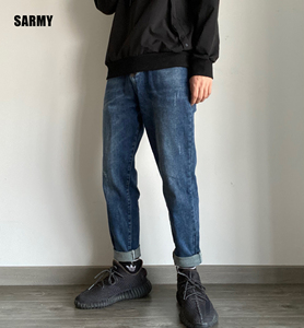 秋季yeezy350椰子搭配微弹休闲潮流男士蓝色修身牛仔九分裤sarmy