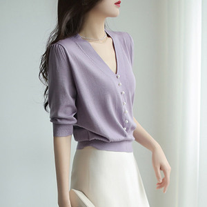 摩奥新款女装2024夏季中袖V领气质紫色冰丝针织衫T恤女上衣