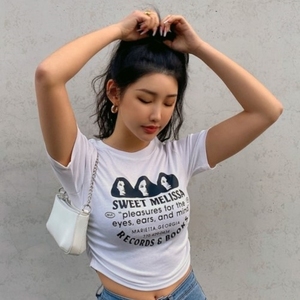 韩国正品代购22夏女liphop时尚人头像印花褶皱圆弧摆露腰短款t恤