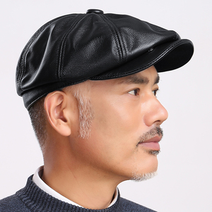 牛皮八角帽男秋冬季休闲画家帽 中老年人薄款单层男士真皮帽子